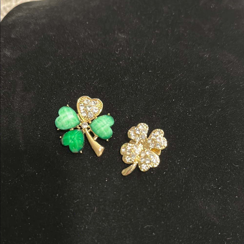 Gold and Green and Rhinestone Clover Brooch set